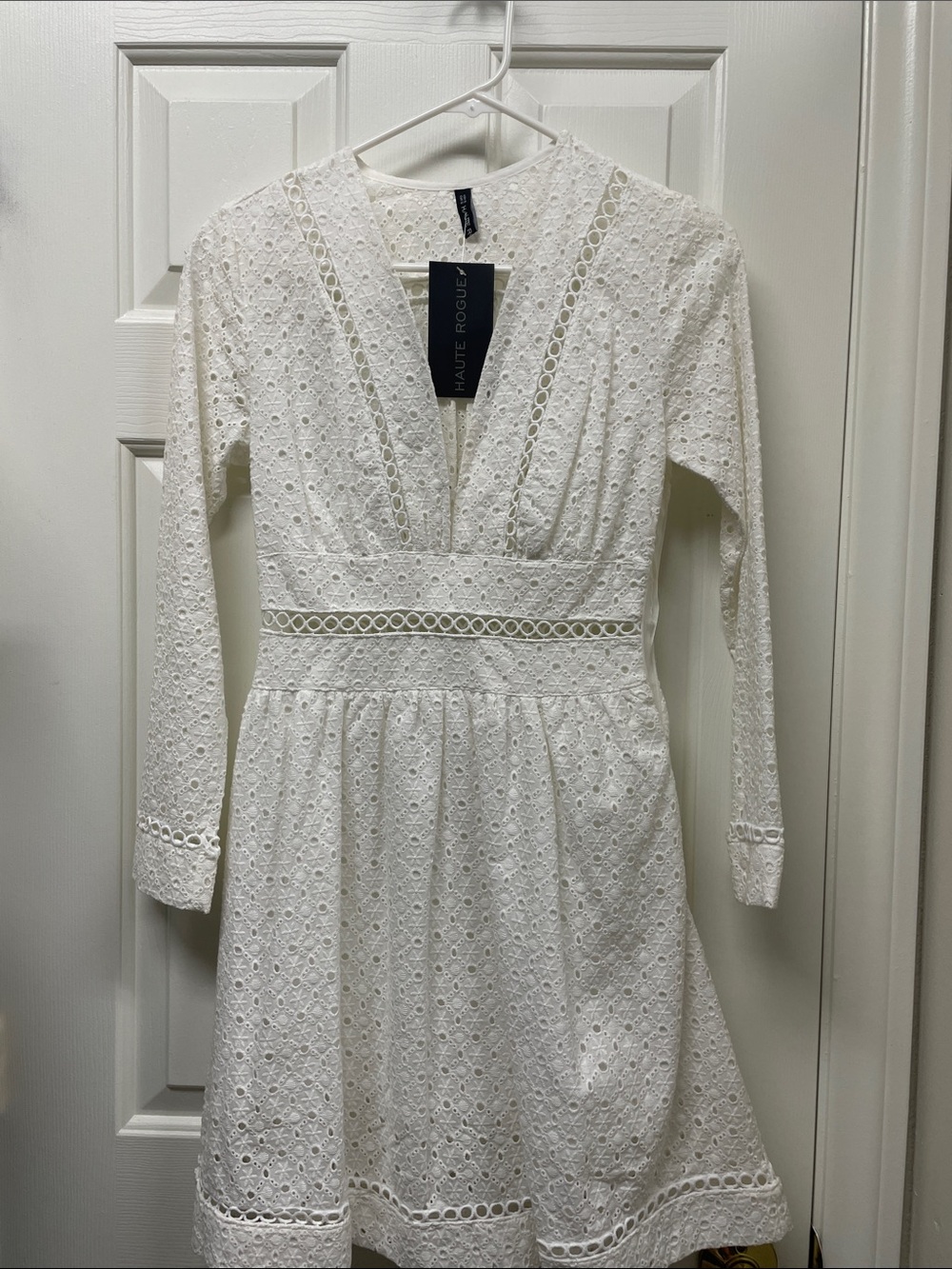 Haute Rogue White Long-Sleeve Eyelet Dress, NWT, Small